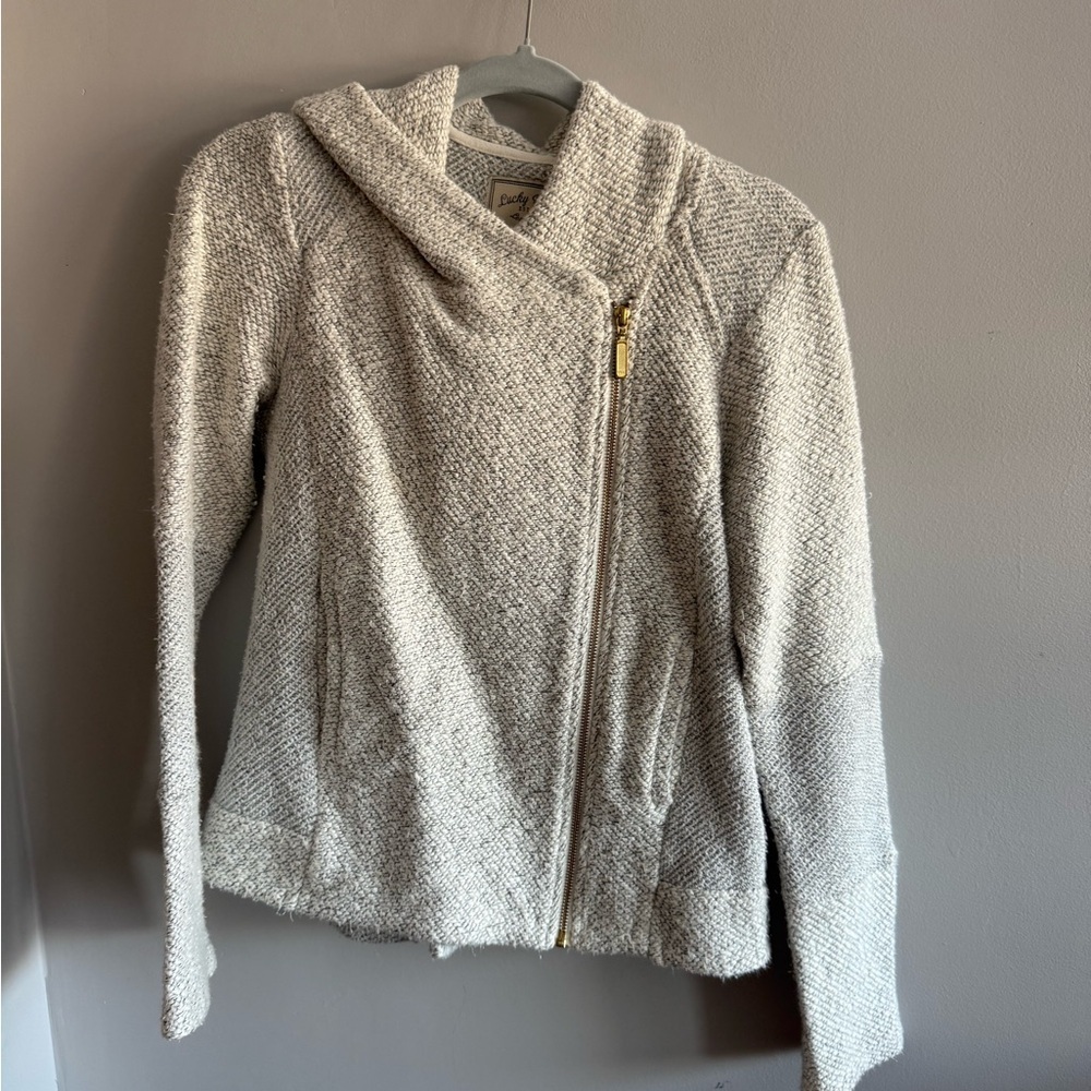 Lucky Brand Textured Knit Asymmetrical Zip Jacket – Oatmeal – Size M
